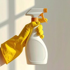 Hand in yellow rubber gloves holds a white spray bottle. Sunlight casts a shadow