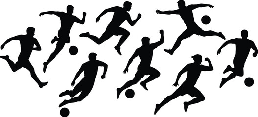 Silhouette figures of soccer players arranged in a dynamic sequence