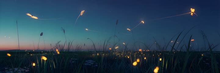 Fireflies dancing in a field at dusk with a beautiful gradient sky