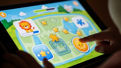 Child Playing Educational Puzzle Game on Tablet Screen