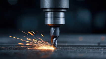 Close-up of a metal drill bit in action creating sparks during a machining process in a dark workshop environment