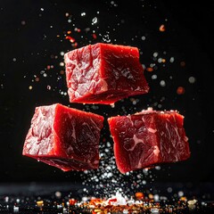 Three cubed, raw beef pieces levitate against a dark background, with splashes of spices and water droplets