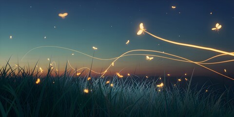 Fireflies dancing in a field at dusk with a starry night sky