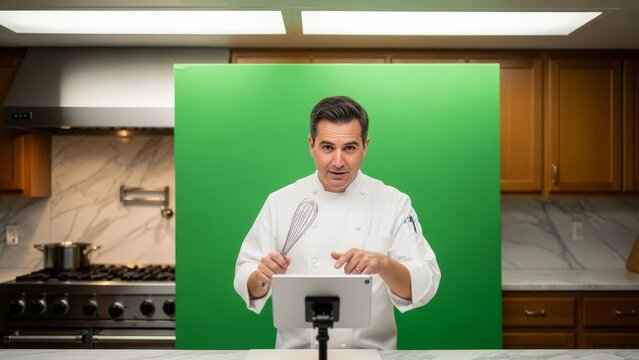 Chef demonstrating culinary techniques using a tablet and whisk, filmed against a green screen - Powered by Adobe