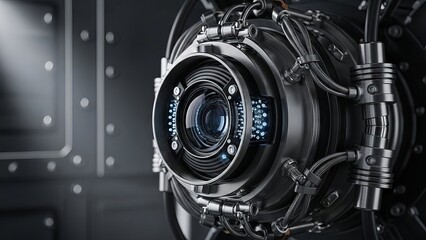 Close up of a complex robotic camera eye with intricate wiring and glowing blue lights