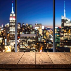 Empty wooden table with a blurred cityscape view at night
