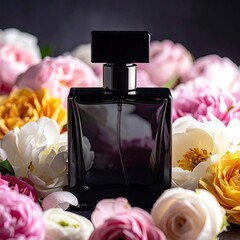 Black perfume bottle surrounded by colorful flowers (1)