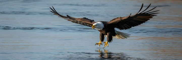 Bald eagle diving into water with outstretched wings
