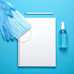 Flatlay of protective equipment and notebook.  Gloves, mask, pencil, and spray bottle on a light-blue surface.  Empty notebook page in center