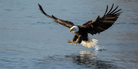 Bald eagle diving into water with outstretched wings