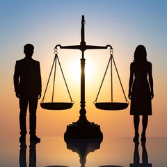 Silhouette of man and woman before scales of justice at sunset