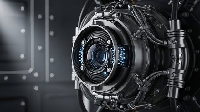 Close up of a complex robotic camera eye with intricate wiring and glowing blue lights - Powered by Adobe
