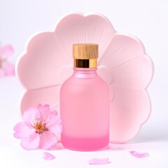 Pink frosted glass perfume bottle on a pink flower-shaped dish, with cherry blossoms