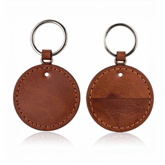 Two round, light brown leather keychains,  stitched edges,  simple design.  Reflecting on a plain white background