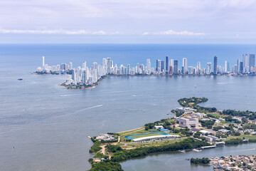 Cartagena skyline with skyscrapers at the Caribbean Sea aerial view photography in Cartagena, Colombia