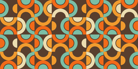Retro Geometric Seamless Pattern with Abstract Circular Shapes in Warm Colors. Colorful Retro Geometric Seamless Pattern for Wallpaper and Textile Design.