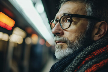 Urban subway scene with stylish person riding train through city local public transportation commute generative ai