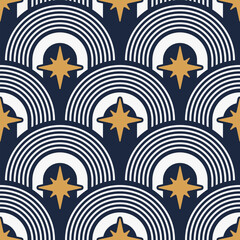 Seamless Geometric Pattern with Art Deco Arches and Golden Stars on Dark Navy Background. Elegant Art Deco Style Vector Pattern for textile, fabric.