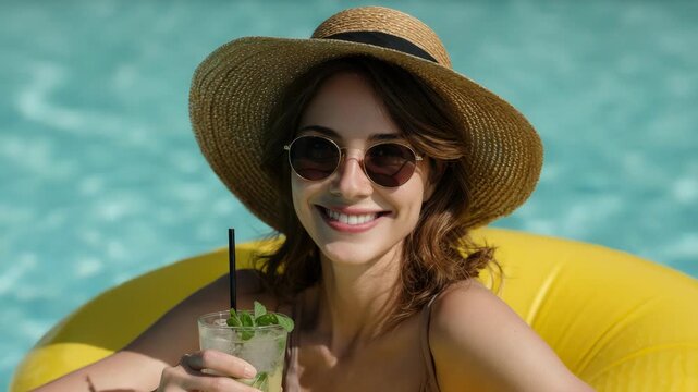 Young woman enjoying a sunny day relaxing by the poolside with cocktails and summer outfit