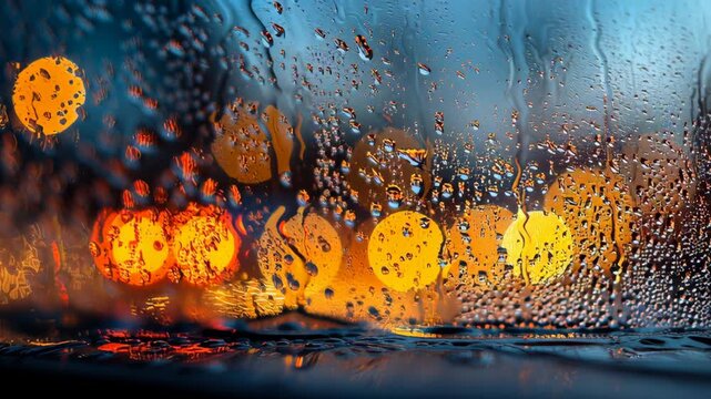 View from room with warm light and rain concept. A window showcasing raindrops with vibrant city lights blurred in the background.