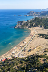 View of Tsambika Beach from above vacation at the Aegean Sea Rhodes island, Greece