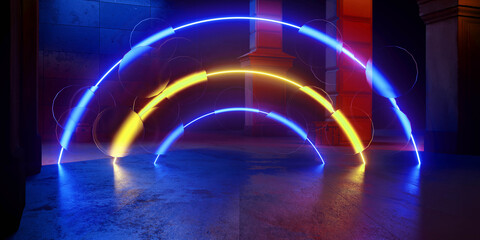 Cyber Futuristic Underground Basement Center Sci Fi Laser Neon Glowing VIbrant Concrete Grunge Warehouse Dystopian 3D Rendering