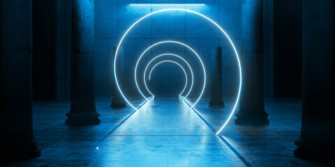 Cyber Futuristic Underground Basement Center Sci Fi Laser Neon Glowing VIbrant Concrete Grunge Warehouse Dystopian 3D Rendering