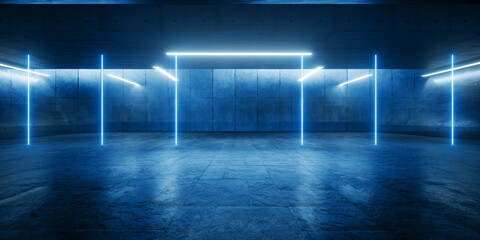 Cyber Futuristic Underground Basement Center Sci Fi Laser Neon Glowing VIbrant Concrete Grunge Warehouse Dystopian 3D Rendering