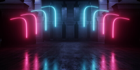 Cyber Futuristic Underground Basement Center Sci Fi Laser Neon Glowing VIbrant Concrete Grunge Warehouse Dystopian 3D Rendering