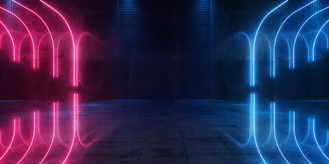 Cyber Futuristic Underground Basement Center Sci Fi Laser Neon Glowing VIbrant Concrete Grunge Warehouse Dystopian 3D Rendering