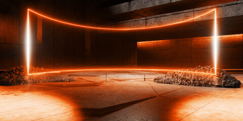 Cyber Futuristic Underground Basement Center Sci Fi Laser Neon Glowing VIbrant Concrete Grunge Warehouse Dystopian 3D Rendering