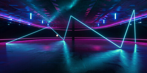 Cyber Futuristic Underground Basement Center Sci Fi Laser Neon Glowing VIbrant Concrete Grunge Warehouse Dystopian 3D Rendering