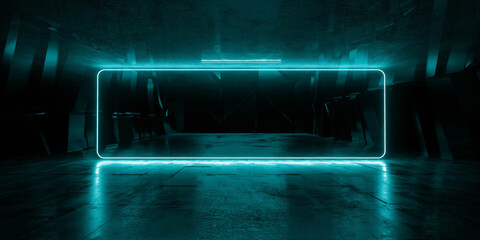 Cyber Futuristic Underground Basement Center Sci Fi Laser Neon Glowing VIbrant Concrete Grunge Warehouse Dystopian 3D Rendering