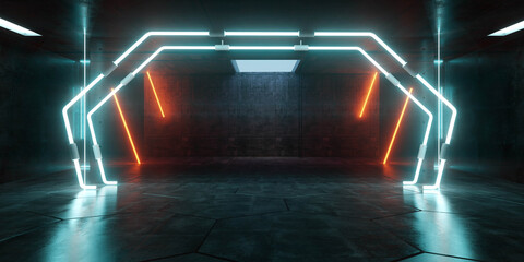 Cyber Futuristic Underground Basement Center Sci Fi Laser Neon Glowing VIbrant Concrete Grunge Warehouse Dystopian 3D Rendering