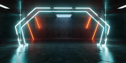 Cyber Futuristic Underground Basement Center Sci Fi Laser Neon Glowing VIbrant Concrete Grunge Warehouse Dystopian 3D Rendering © IM_VISUALS