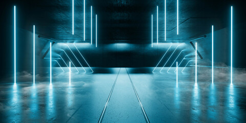 Cyber Futuristic Underground Basement Center Sci Fi Laser Neon Glowing VIbrant Concrete Grunge Warehouse Dystopian 3D Rendering