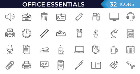 Office essentials outline icon set with workspace tools, stationery, desk equipment, communication devices and daily office supplies. Vector illustration