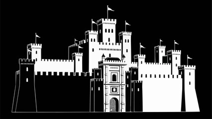 Majestic White Castle Fortress with Flags and Towers. © Efan