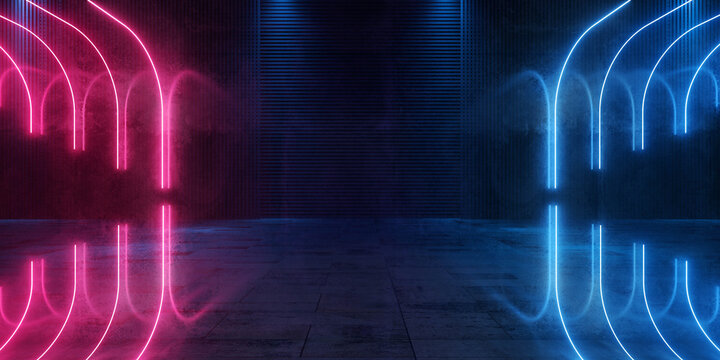 Cyber Futuristic Underground Basement Center Sci Fi Laser Neon Glowing VIbrant Concrete Grunge Warehouse Dystopian 3D Rendering
