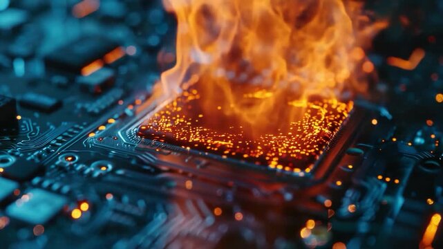 Video A close-up shot of a fire burning on a computer motherboard