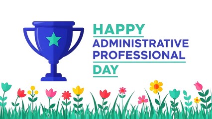 Happy Administrative Professionals Day with Trophy Cup and Floral Decoration Illustration