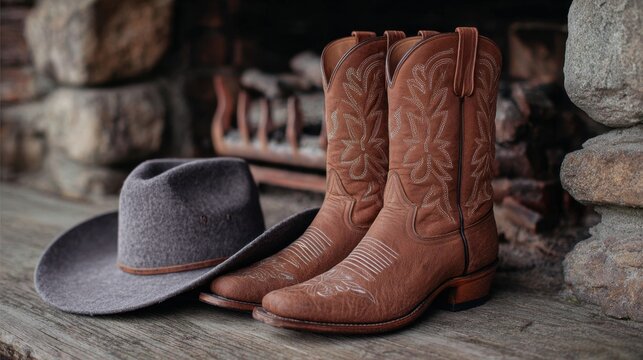 Classic Western Cowboy Boots with Hat on Rustic Wooden Surface by Stone Fireplace