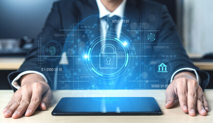 Cybersecurity system interface with biometric lock and data protection. Cybersecurity protects access, identity, cyber security prevents threats, and cyber security supports digital systems. Vouch