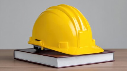 Fototapeta premium Yellow Hard Hat on Book Displaying Construction Safety and Education Symbolism in Professional Workplace Environment