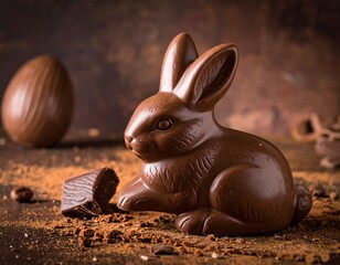 ココアパウダーの上に置かれた、可愛らしいうさぎ型チョコレートスイーツ