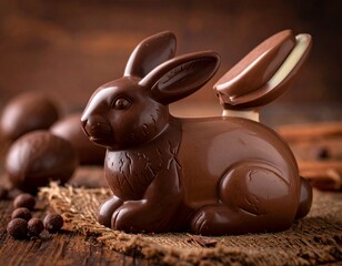 ココアパウダーの上に置かれた、可愛らしいうさぎ型チョコレートスイーツ