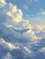 Dreamy Whale Floating in Cloudy Sky, Fantasy Art