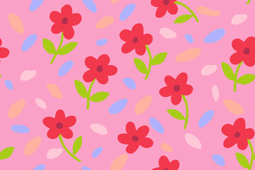 Fototapeta premium A cheerful seamless floral pattern with bright red flowers and green leaves on a soft pink background, accented by colorful abstract dots for a playful feel.