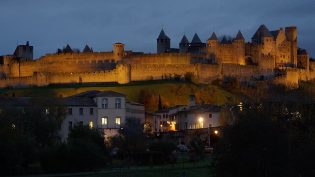 Medieval Walled City of Carcassonne Illuminated at Night, France