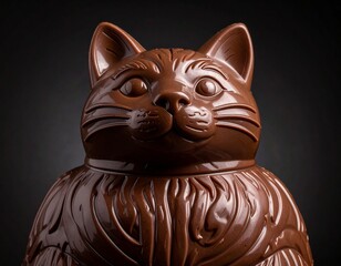 光沢のあるチョコレートで作られた、可愛らしい猫モチーフの立体スイーツ